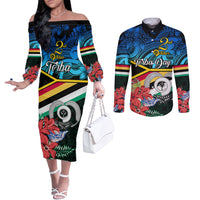 Personalised Torba Vanuatu Couples Matching Off The Shoulder Long Sleeve Dress and Long Sleeve Button Shirts Sand Drawing With Polynesian Pattern LT9 Black - Polynesian Pride
