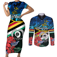 personalised-torba-vanuatu-couples-matching-short-sleeve-bodycon-dress-and-long-sleeve-button-shirts-sand-drawing-with-polynesian-pattern