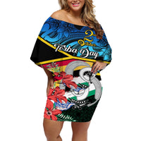Personalised Torba Vanuatu Off Shoulder Short Dress Sand Drawing With Polynesian Pattern LT9 Women Black - Polynesian Pride