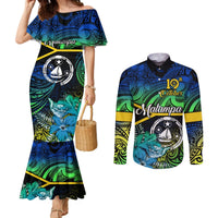 Malampa Day Couples Matching Mermaid Dress and Long Sleeve Button Shirts Vanuatu Flowers with Malampa Emblem Tribal Pattern LT9 Black - Polynesian Pride