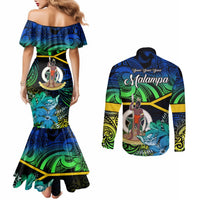 Malampa Day Couples Matching Mermaid Dress and Long Sleeve Button Shirts Vanuatu Flowers with Malampa Emblem Tribal Pattern LT9 - Polynesian Pride