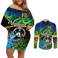 Malampa Day Couples Matching Off Shoulder Short Dress and Long Sleeve Button Shirts Vanuatu Flowers with Malampa Emblem Tribal Pattern LT9 Black - Polynesian Pride