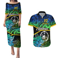 Personalised Malampa Day Couples Matching Puletasi Dress and Hawaiian Shirt Vanuatu Flowers with Malampa Emblem Tribal Pattern LT9 Black - Polynesian Pride