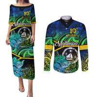 Personalised Malampa Day Couples Matching Puletasi Dress and Long Sleeve Button Shirts Vanuatu Flowers with Malampa Emblem Tribal Pattern LT9 Black - Polynesian Pride