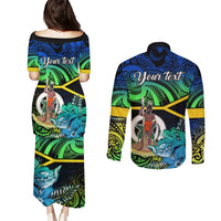 Personalised Malampa Day Couples Matching Puletasi Dress and Long Sleeve Button Shirts Vanuatu Flowers with Malampa Emblem Tribal Pattern LT9 - Polynesian Pride