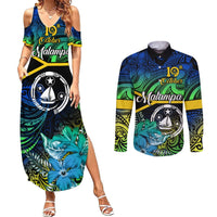 Personalised Malampa Day Couples Matching Summer Maxi Dress and Long Sleeve Button Shirts Vanuatu Flowers with Malampa Emblem Tribal Pattern LT9 Black - Polynesian Pride