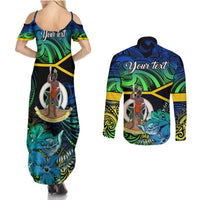 Personalised Malampa Day Couples Matching Summer Maxi Dress and Long Sleeve Button Shirts Vanuatu Flowers with Malampa Emblem Tribal Pattern LT9 - Polynesian Pride