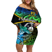 Personalised Malampa Day Off Shoulder Short Dress Vanuatu Flowers with Malampa Emblem Tribal Pattern LT9 Women Black - Polynesian Pride