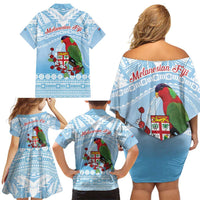 Melanesian Fiji Kula Bird Family Matching Off Shoulder Short Dress and Hawaiian Shirt with Tagimoucia Masi Tapa Pattern