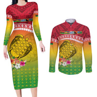 Melanesian Ni-Vanuatu Couples Matching Long Sleeve Bodycon Dress and Long Sleeve Button Shirt Sea Turtle with Sand Drawing Pattern LT9 Reggae - Polynesian Pride