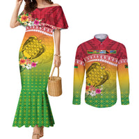 Melanesian Ni-Vanuatu Couples Matching Mermaid Dress and Long Sleeve Button Shirt Sea Turtle with Sand Drawing Pattern LT9 Reggae - Polynesian Pride