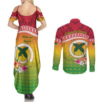 Melanesian Ni-Vanuatu Couples Matching Summer Maxi Dress and Long Sleeve Button Shirt Sea Turtle with Sand Drawing Pattern LT9 - Polynesian Pride