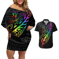 Personalised New Zealand Wellington Pride Couples Matching Off Shoulder Short Dress and Hawaiian Shirt Maori Fern with Pride Flag 2024 LT9 Black - Polynesian Pride
