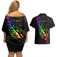 Personalised New Zealand Wellington Pride Couples Matching Off Shoulder Short Dress and Hawaiian Shirt Maori Fern with Pride Flag 2024 LT9 - Polynesian Pride