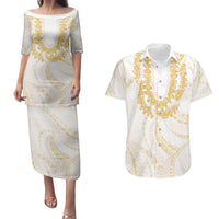 Aloha Lei Onaona Couples Matching Puletasi and Hawaiian Shirt Beige Hawaiian Tribal Pattern LT9 Beige - Polynesian Pride
