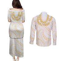 Aloha Lei Onaona Couples Matching Puletasi and Long Sleeve Button Shirt Beige Hawaiian Tribal Pattern LT9 - Polynesian Pride