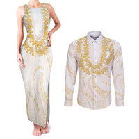 Aloha Lei Onaona Couples Matching Tank Maxi Dress and Long Sleeve Button Shirt Beige Hawaiian Tribal Pattern