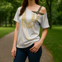 Aloha Lei Onaona Cross Shoulder Shirt Beige Hawaiian Tribal Pattern LT9 - Polynesian Pride