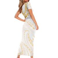 Aloha Lei Onaona Family Matching Short Sleeve Bodycon Dress and Hawaiian Shirt Beige Hawaiian Tribal Pattern