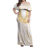 Aloha Lei Onaona Off Shoulder Maxi Dress Beige Hawaiian Tribal Pattern