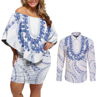 Aloha Lei Onaona Couples Matching Off Shoulder Short Dress and Long Sleeve Button Shirt Navy Blue Hawaiian Tribal Pattern LT9 Blue - Polynesian Pride