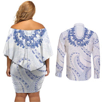Aloha Lei Onaona Couples Matching Off Shoulder Short Dress and Long Sleeve Button Shirt Navy Blue Hawaiian Tribal Pattern LT9 - Polynesian Pride