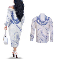 Aloha Lei Onaona Couples Matching Off The Shoulder Long Sleeve Dress and Long Sleeve Button Shirt Navy Blue Hawaiian Tribal Pattern