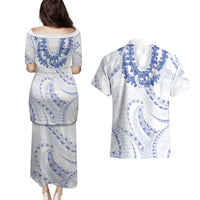 Aloha Lei Onaona Couples Matching Puletasi and Hawaiian Shirt Navy Blue Hawaiian Tribal Pattern LT9 - Polynesian Pride