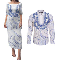 Aloha Lei Onaona Couples Matching Puletasi and Long Sleeve Button Shirt Navy Blue Hawaiian Tribal Pattern LT9 Blue - Polynesian Pride