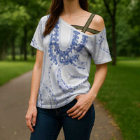 Aloha Lei Onaona Cross Shoulder Shirt Navy Blue Hawaiian Tribal Pattern LT9 - Polynesian Pride