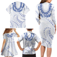 Aloha Lei Onaona Family Matching Long Sleeve Bodycon Dress and Hawaiian Shirt Navy Blue Hawaiian Tribal Pattern