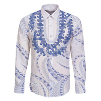 Aloha Lei Onaona Family Matching Off The Shoulder Long Sleeve Dress and Hawaiian Shirt Navy Blue Hawaiian Tribal Pattern