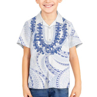 Aloha Lei Onaona Family Matching Off The Shoulder Long Sleeve Dress and Hawaiian Shirt Navy Blue Hawaiian Tribal Pattern