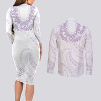 Aloha Lei Onaona Couples Matching Long Sleeve Bodycon Dress and Long Sleeve Button Shirt Purple Hawaiian Tribal Pattern