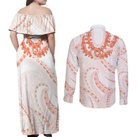 Aloha Lei Onaona Couples Matching Off Shoulder Maxi Dress and Long Sleeve Button Shirt Red Hawaiian Tribal Pattern LT9 - Polynesian Pride