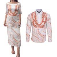 Aloha Lei Onaona Couples Matching Puletasi and Long Sleeve Button Shirt Red Hawaiian Tribal Pattern LT9 Red - Polynesian Pride