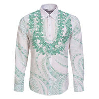 Aloha Lei Onaona Family Matching Off The Shoulder Long Sleeve Dress and Hawaiian Shirt Sage Green Hawaiian Tribal Pattern