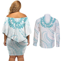 Aloha Lei Onaona Couples Matching Off Shoulder Short Dress and Long Sleeve Button Shirt Teal Hawaiian Tribal Pattern LT9 - Polynesian Pride