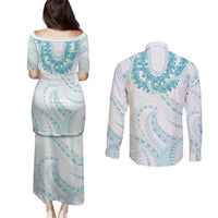 Aloha Lei Onaona Couples Matching Puletasi and Long Sleeve Button Shirt Teal Hawaiian Tribal Pattern LT9 - Polynesian Pride
