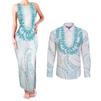 Aloha Lei Onaona Couples Matching Tank Maxi Dress and Long Sleeve Button Shirt Teal Hawaiian Tribal Pattern LT9 Teal - Polynesian Pride