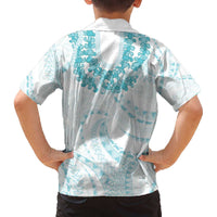 Aloha Lei Onaona Family Matching Off The Shoulder Long Sleeve Dress and Hawaiian Shirt Teal Hawaiian Tribal Pattern