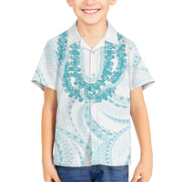 Aloha Lei Onaona Family Matching Off Shoulder Short Dress and Hawaiian Shirt Teal Hawaiian Tribal Pattern LT9 Son's Shirt Teal - Polynesian Pride