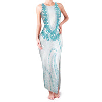 Aloha Lei Onaona Family Matching Tank Maxi Dress and Hawaiian Shirt Teal Hawaiian Tribal Pattern
