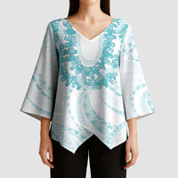 Aloha Lei Onaona Kimono Sleeve Blouse Teal Hawaiian Tribal Pattern LT9 - Polynesian Pride