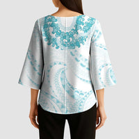 Aloha Lei Onaona Kimono Sleeve Blouse Teal Hawaiian Tribal Pattern LT9 - Polynesian Pride