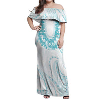 Aloha Lei Onaona Off Shoulder Maxi Dress Teal Hawaiian Tribal Pattern