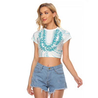 Aloha Lei Onaona Raglan Cropped T Shirt Teal Hawaiian Tribal Pattern