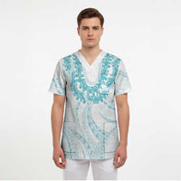 Aloha Lei Onaona Scrub Top Teal Hawaiian Tribal Pattern - Polynesian Pride