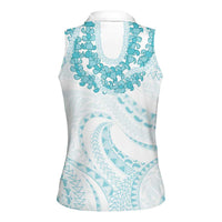 Aloha Lei Onaona Women Sleeveless Polo Shirt Teal Hawaiian Tribal Pattern
