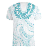 Aloha Lei Onaona Women V-Neck T-Shirt Teal Hawaiian Tribal Pattern
